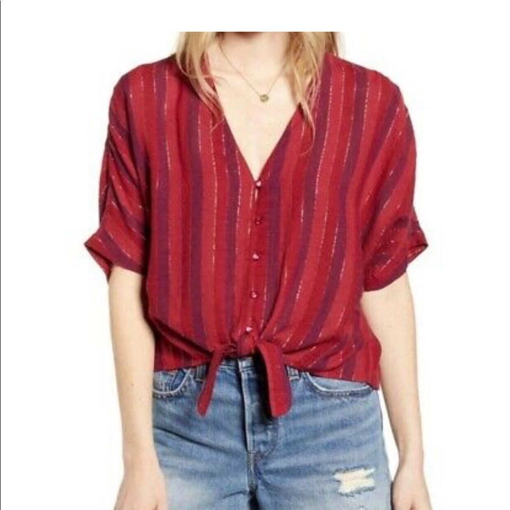 Rails Red and Burgundy Striped Button-Down Tie Front Top
